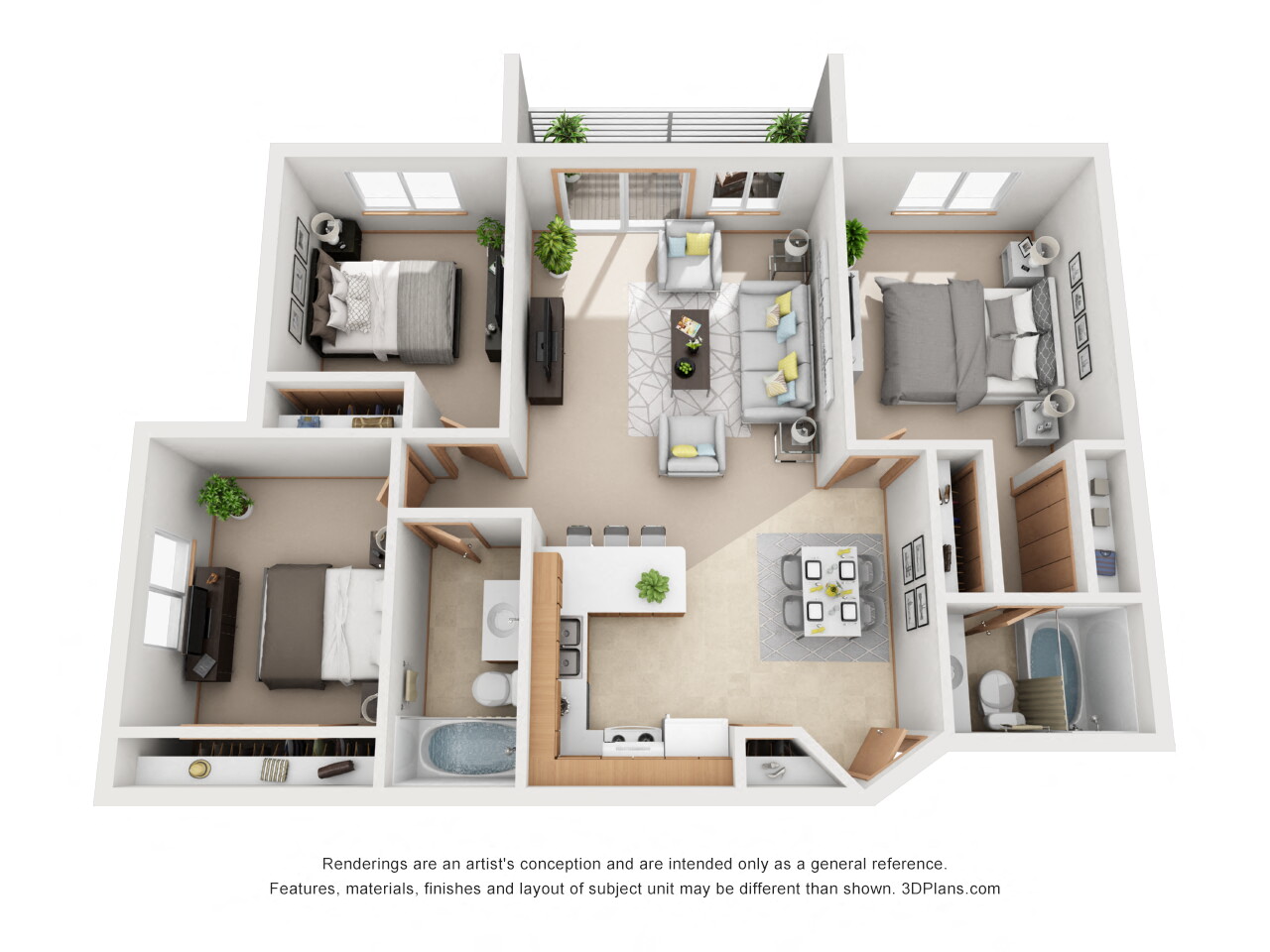 Floor plan for 3 beds, 2 baths, 1100 sqft